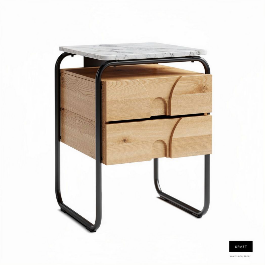 Table de nuit avec tiroirs en bois et métal pour chambre - 40 x 40 x 50cm