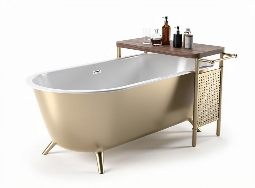 Baignoire moderne en acier inoxydable avec support en bois - 170 x 70 x 60cm